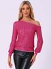 Allegra K Women's Off-the-Shoulder Sequin Blouse with Elastic Cuffs, Long Sleeve, Hot Pink, Size M