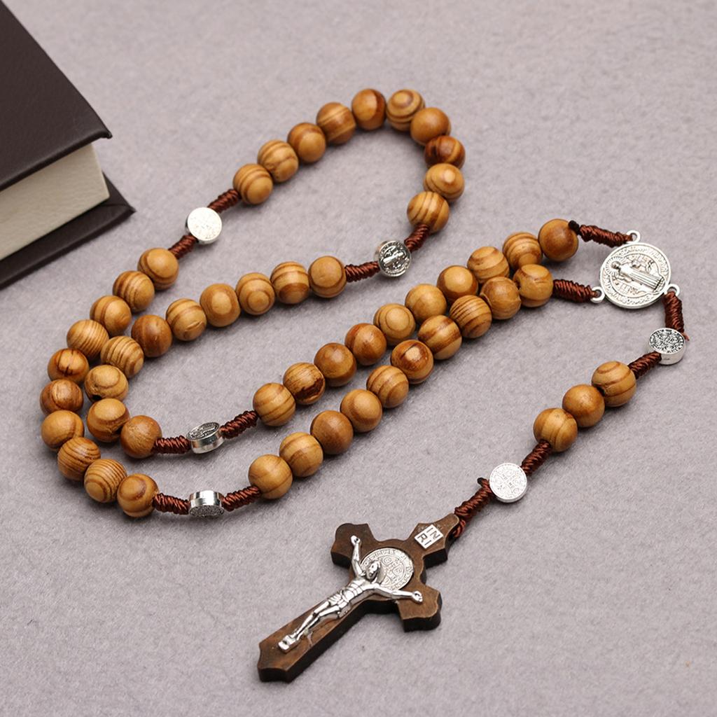 Wood Bead Cross Rosary Necklace Bead Chain Pendant Ornaments for Home Church Yoga Room Decorations Gift