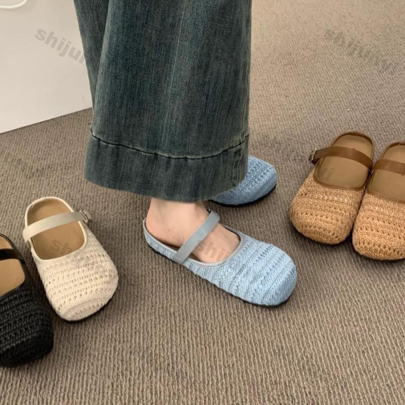 Fashion Women's Half Slippers 2025 Spring Summer New Vintage Fly Weave Baotou Flats Fashion Square Button Slip on Outdoor Casual Sandals