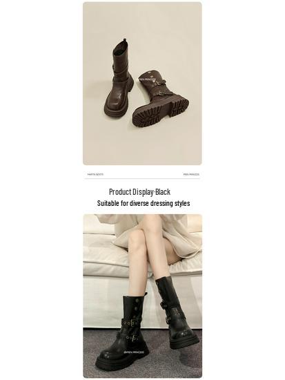 2025 New Women's British Style Martin Boots - Brown Retro Mid-Calf, Perfect for Early Autumn with Skirts