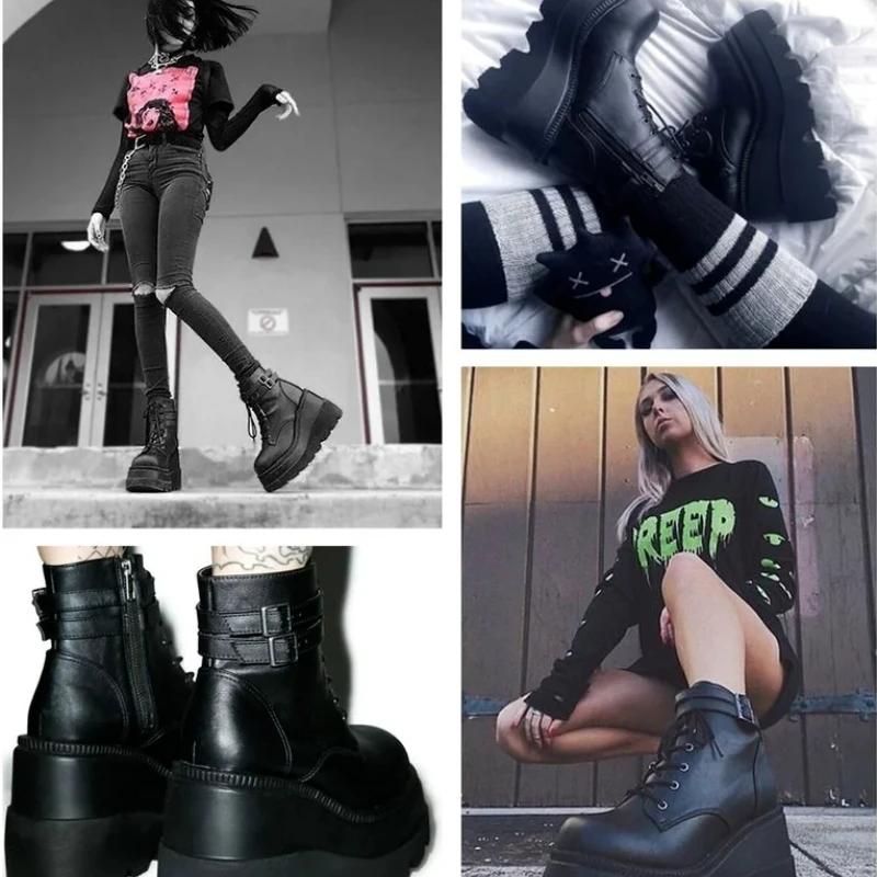 Design Women High Heels Punk Gothic Female Motorcycle Boots Platform Women Boots Fashion Wedges Ankle Boots Big Size 36-43