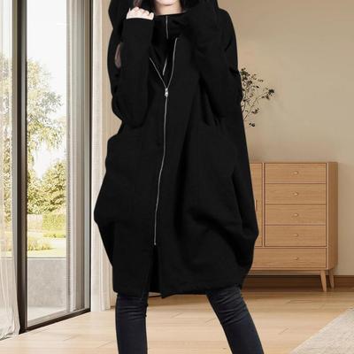 Women Hooded Long Sleeve Sweatshirt Coat Zipper Placket Big Pockets Fake Two Pieces Solid Color Mid-length Hoodie Jacket