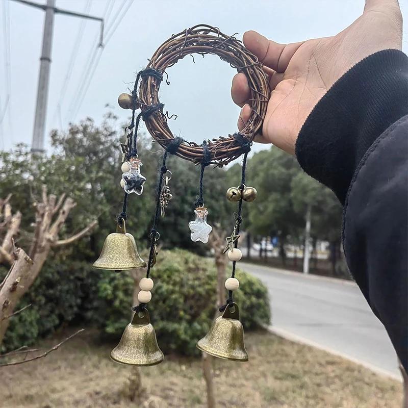 

Boho Wind Chime with Bells, Handmade Wicker Wreath Hanging Ornament, Witchy Home Decor for Door Wall Garden, Rustic Witchcraft