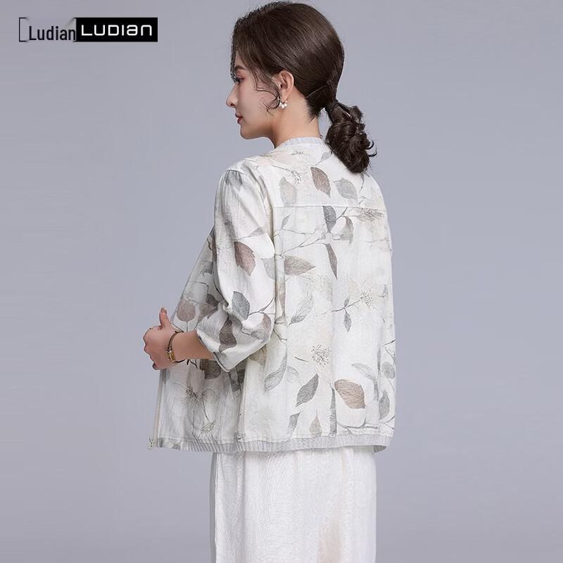 LUDIan Women's Floral Cotton-Linen 3/4 Sleeve Shirt