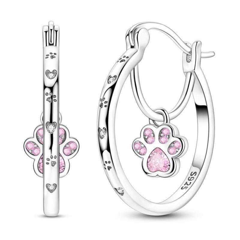 925 Sterling Silver Cute Cat Paw Dangle Hoop Earrings Pink Cubic Zirconia Paved Minimalist Pet Lover Jewelry for Women Gift