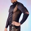 Men Sexy Mesh T-Shirt Oil Glossy Shiny Top Patchwork Tight-Fit Top Breathable Long Sleeve