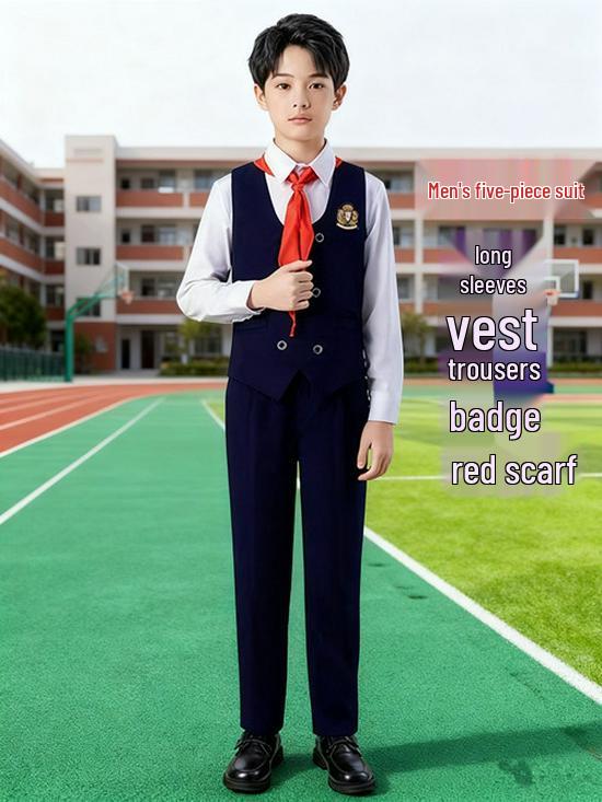 Children's Patriotic Choir Costumes - Boys & Girls Blue Outfits with Red Scarf for Recitation Competitions