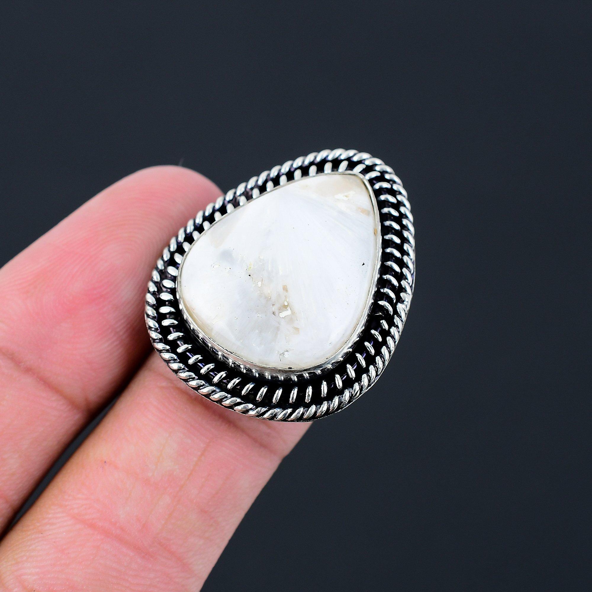 Scolecite Gemstone Sterling Silver Statement Crown Chakra Ring Jewelry US 6.5 6.5