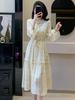 French Puff Sleeve Floral Chiffon Dress with Tie-Neck and Ruffle Collar, Slim-Fit Long Sleeve for Early Spring.
