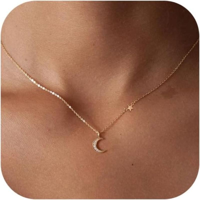 14K Gold Plated Necklaces for Women -s925 Sterling Silver Dainty Diamond Moon and Star Choker Necklace for Girls Fine Jewelry