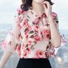 Elegant Fashion Floral Printed Bow Drawstring Chiffon Shirt Summer 2023 V-Neck Three Quarter Sleeve Slim Blouse Women's Clothing