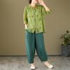2026 Korean-Style Plus Size Slimming Retro Print Cotton-Linen Two-Piece Summer Set for Women