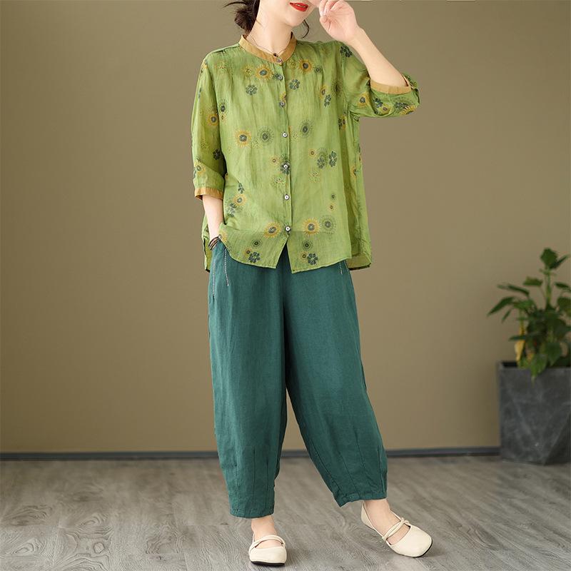 2026 Korean-Style Plus Size Slimming Retro Print Cotton-Linen Two-Piece Summer Set for Women