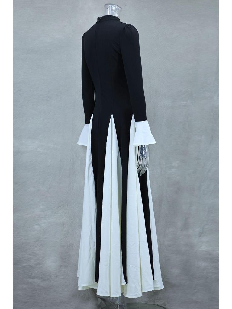 2024 Høst/Vinter Euro-Amerikansk Svart og Hvit Fargeblokk Volang Langermet Svingkjole LX0105