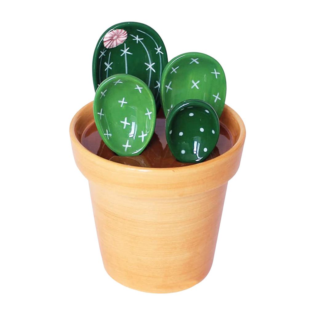 4Pcs Porcelain Measuring Spoons Set with Base Cute Cactus Shape Stirring Soup Spoon Reusable and Durable for Kitchen Tools