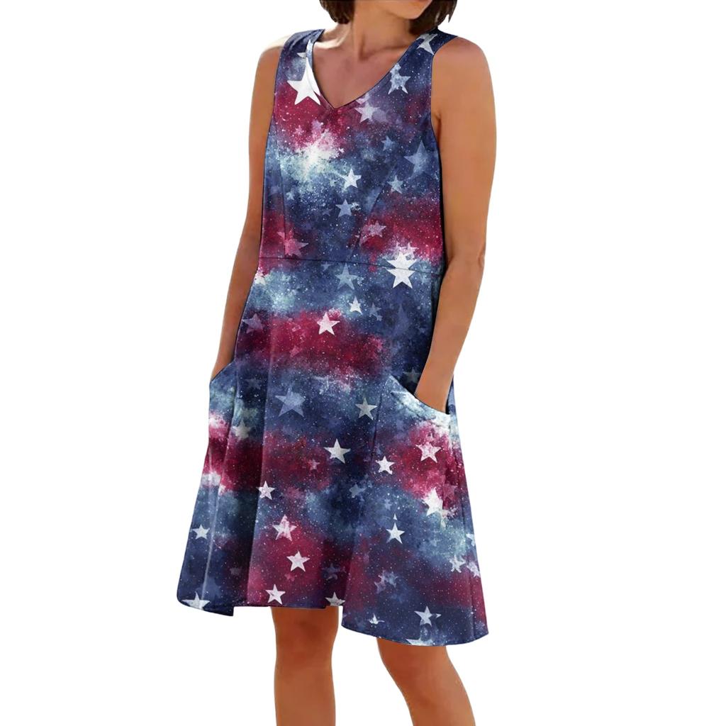 Letnie Sukienki Damskie Luźne na Plażę Wakacje Codzienne Bez Rękawów Dekolt V Sukienki Letnie Z Kieszeniami Sukienka na Ramiączkach