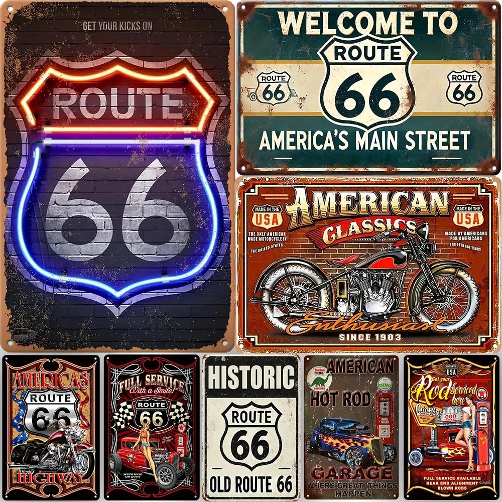 High Definition Tin Sign Vintage Route 66 Retro Metal Wall Art Decor Set for Man Cave Garage Bar Pub Auto Enthusiast Room