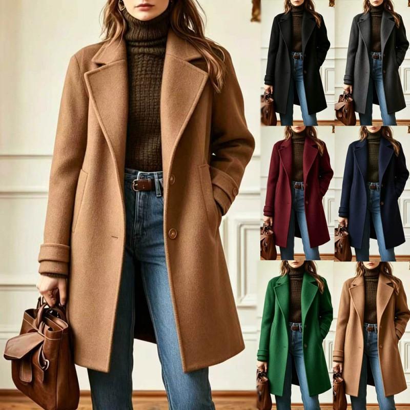 2026 Womens Vintage Casual Mid-Length Lapel Wool Blend Coat Solid Color Single-Breasted Outerwear