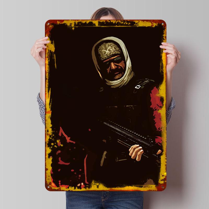 

Soldier With Rifle in Dark Setting Tin Plaque Poster Customized Wall Art Retro Vintage Metal Signs for Man Cave Bathroom Decor 7.9x11.8In(20x30cm)