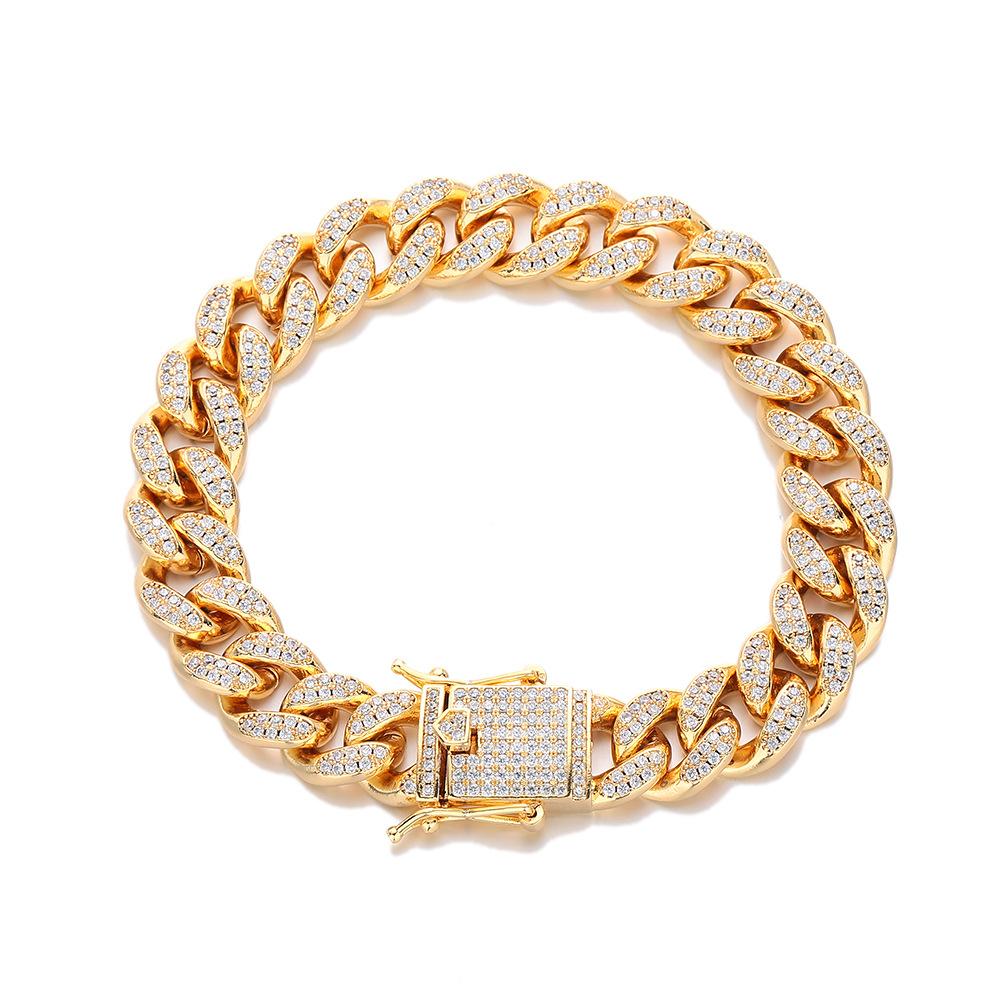 

European and American hip hop hipster Cuban chain with diamonds, zircon Cuban necklace 11mm full of diamonds men s and women s domineering necklace Bracelet 7inch (length about 18cm)