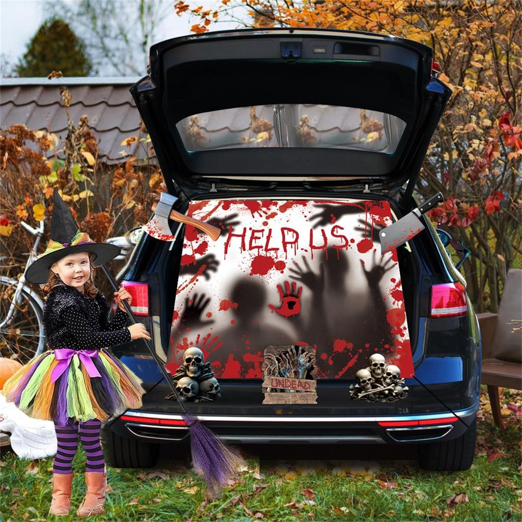 Dekorační sada - Halloweenské dekorace na auto pro SUV, Strašidelná nálepka s obličejem čarodějnice, Dekorace na auto pro venkovní garážový vchod, dveře, zeď, okno, strašidelný dům