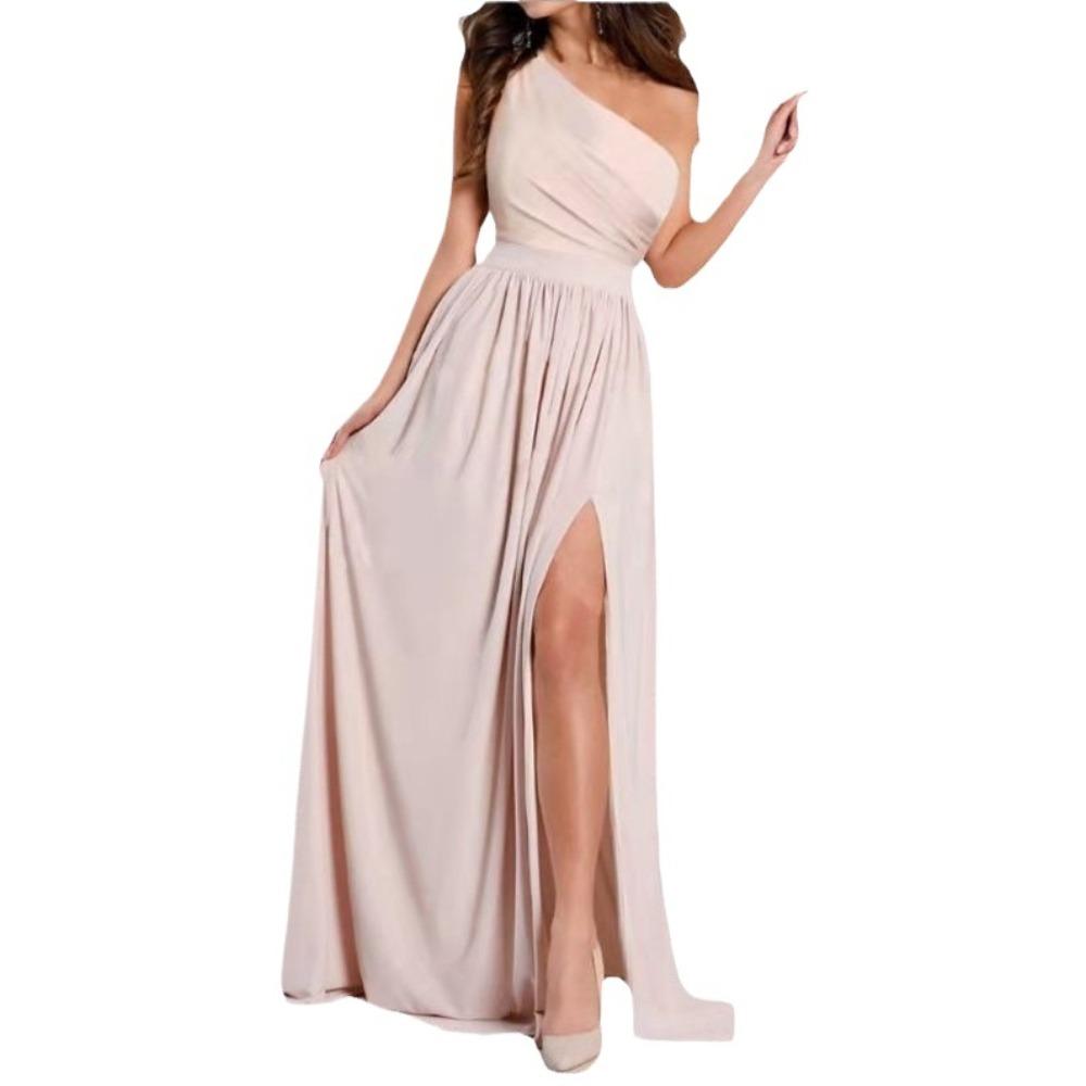 New, Slanted Shoulder Dress Temperament Sleeveless Sexy Split-ended Long Dress Women
