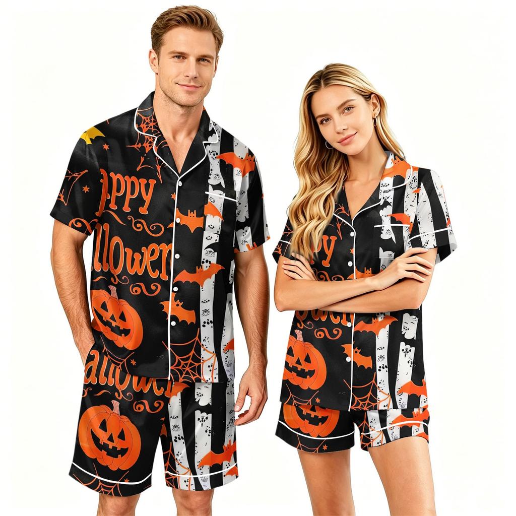 Couple Matching Halloween Pajama Set Short Sleeve Button Down Shirt with Hem Short Pants Soft Casual Loungewear S To XXXXL
