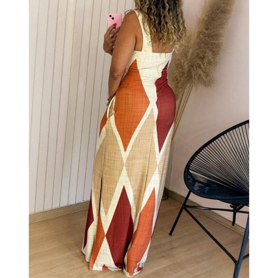 YYFS Women's Fashion Summer Spring Colour Block Print Sleeveless Square Collar High Waist Casual Dresses