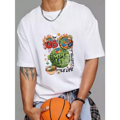 Einfaches Leben T-Shirt Weiß CD Einfaches Leben Grafikdruck mit Totenkopf Flammen Erde und Ramen Schüssel Design für Freizeitkleidung