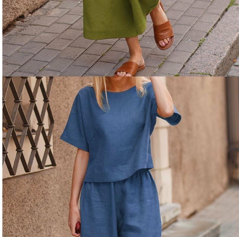 European & American Cotton Linen Casual Short Sleeve T-shirt and Pants Set