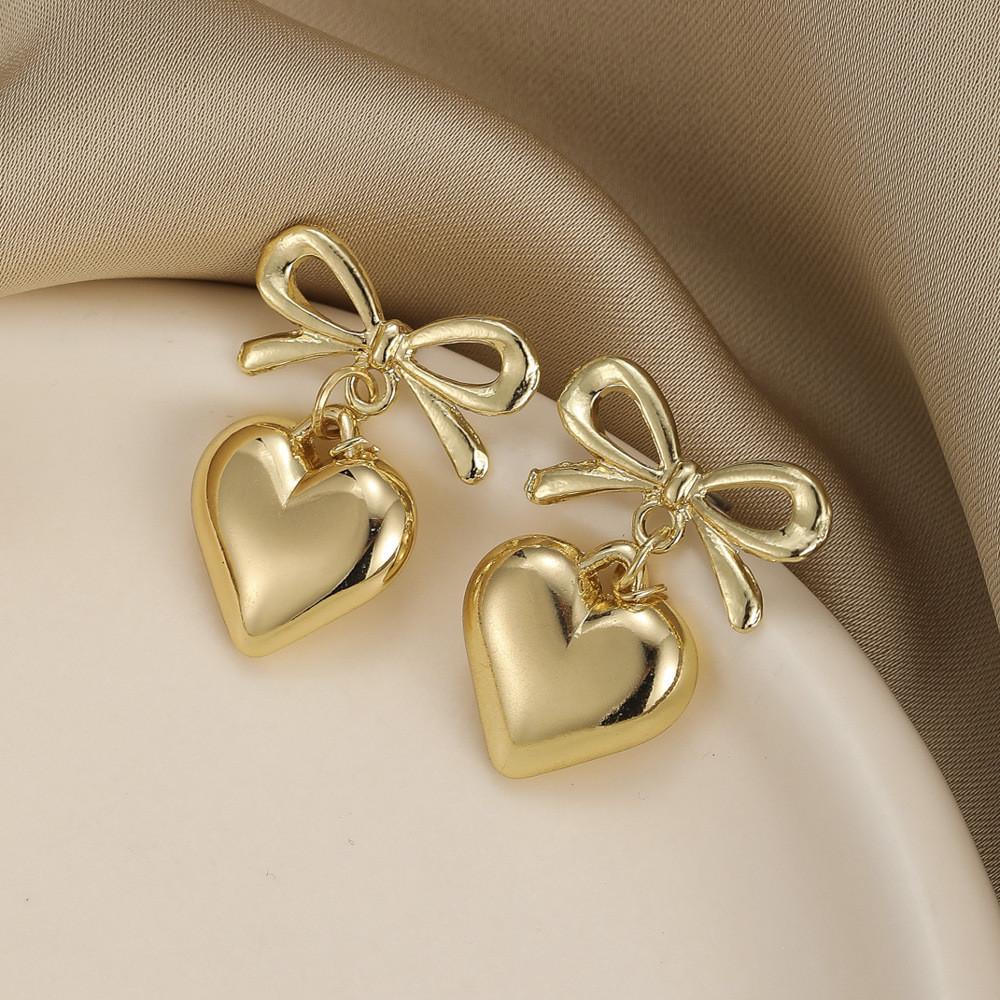 Elegant French Style Heart Pendant Earrings For Women With Alloy Bowknot Design