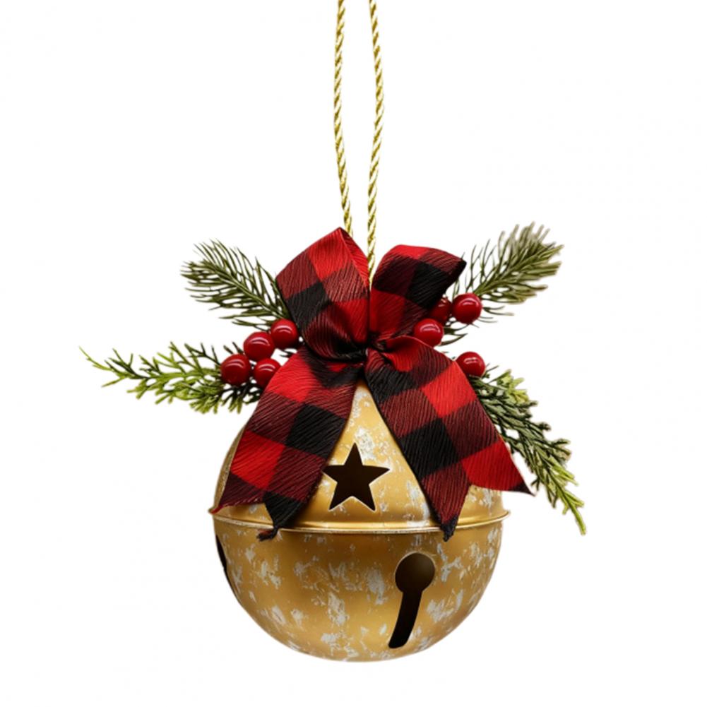

15cm Christmas Bells Ornament Rustic Jingle Bell With Pine Needles Red Berries Plaid Bow Metal Sleigh Xmas Tree Hanging Decor золотистий