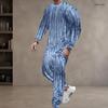 Men Plus Size White Printed Two Piece Set Round Neck Long Sleeve Top Cuffed Pants