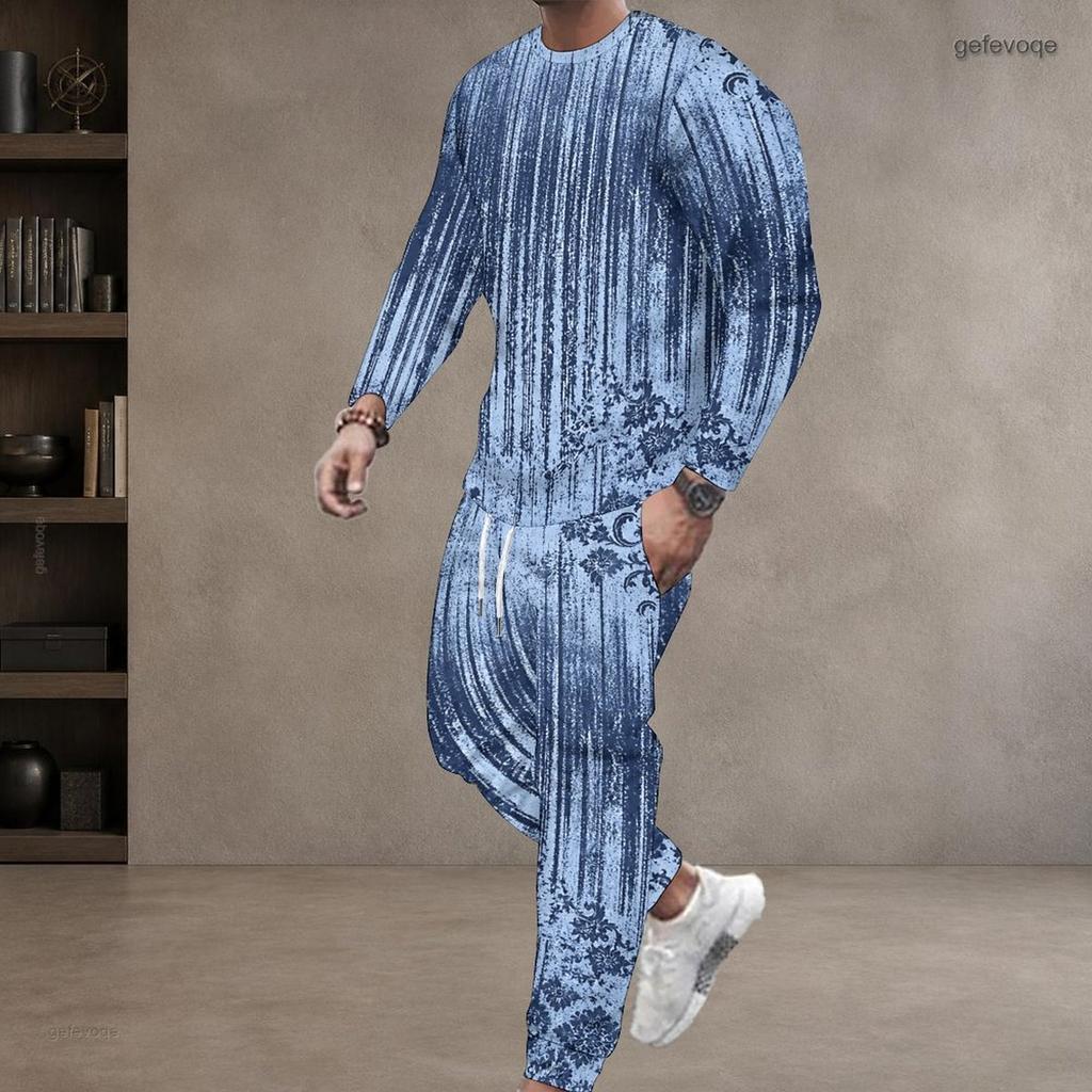 Men Plus Size White Printed Two Piece Set Round Neck Long Sleeve Top Cuffed Pants
