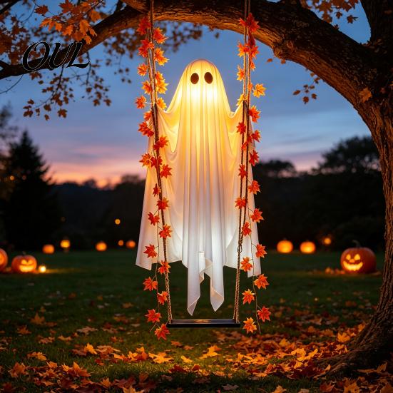 Innen Außen Urlaubsdekoration Halloween Hängende Schaukel Geist, Leuchtender Schwingender Geist mit Ahornblatt Einfache Installation Rankenlichter Und Fernbedienung