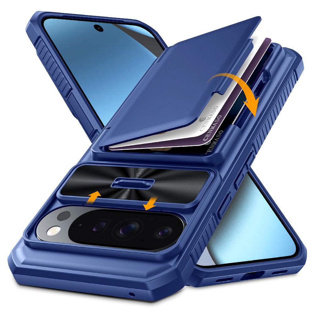 With Card Holder Sliding Camera Cover And Stand For Google Pixel 10 Pro XL Phone Case, Anti-Fall PC+TPU Wallet Case-Purple