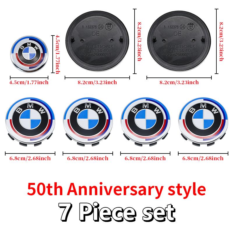 DJSA5 Hood Trunk Wheel Steering Badge 7Pcs Emblem Set For BMW E46 E90 F10 F30 G20 X5 82mm 74mm 68mm 56mm 45mm 50th Anniversary Car
