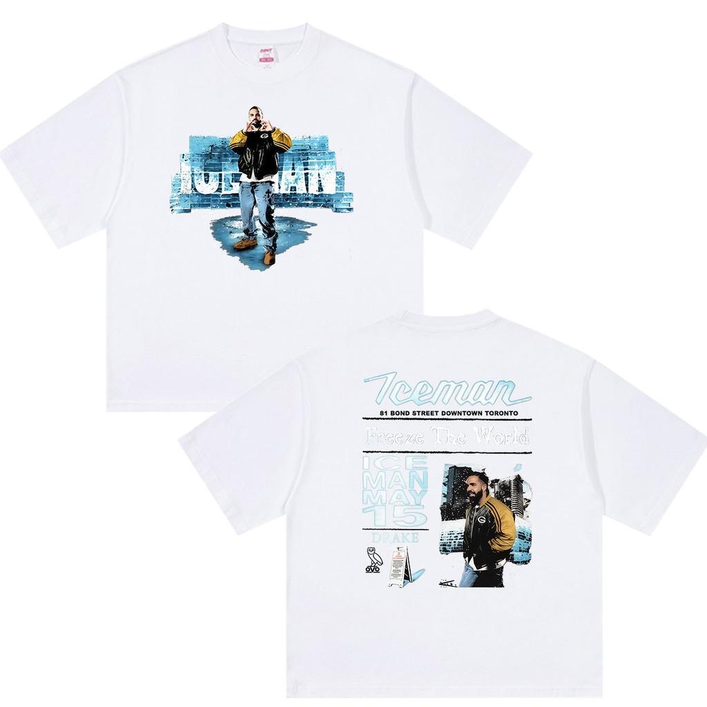 Rappeur Drake Iceman Freeze The World Graphisme d'Album T-shirts Homme Mode Vintage Hip Hop Coton Surdimensionné T-shirt