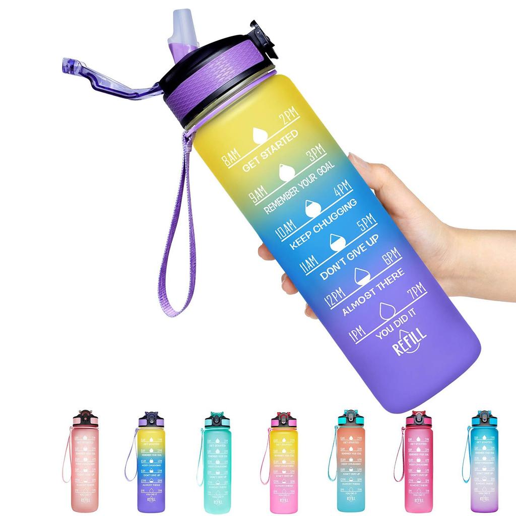 32oz Motivational Fitness Sports Water Bottle With Time & Straw, Large Wide Mouth Leakproof