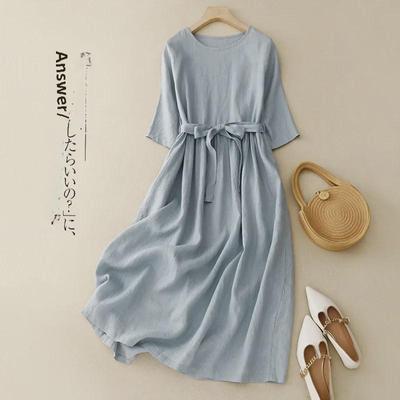 2023 Summer Women's Loose Cotton Linen Maxi Dress with Belt, Round Neck, Short Sleeves, and Artistic Style