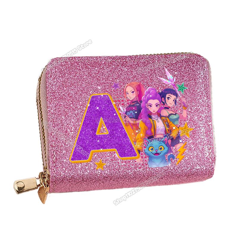 Korean Pop Demon Hunters Letter A-Z Women Short Wallet Bling Sequin Pu Leather Wallets Zipper Coin Purse ID Card Holder Girl Purse
