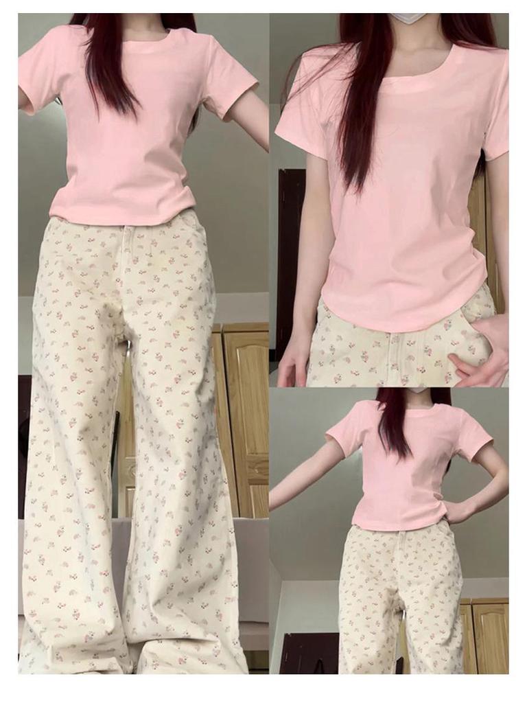 Women's Summer U-Neck Slim Fit Milk Yellow T-Shirt