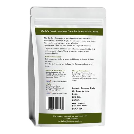 Honey and Spice Ceylon Dalchini Cinnamon Sticks Organic Srilankan - (100g) (True Srilankan Barks/Rolls) , 100% Natural