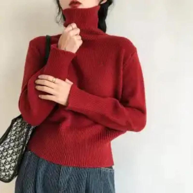 

Fashion Trendy Loose Turtleneck Women Sweater Autumn Winter New Retro Korean Lazy Style Inner Top S червоний