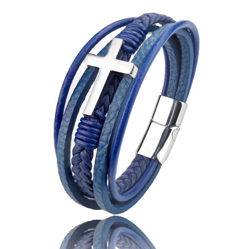 

New Arrival Classic Stainless Steel Blue Cross Braided Genuine Leather Bracelets Magnetic Clasp Mens Charm Bangles Wholesale 18.5cm