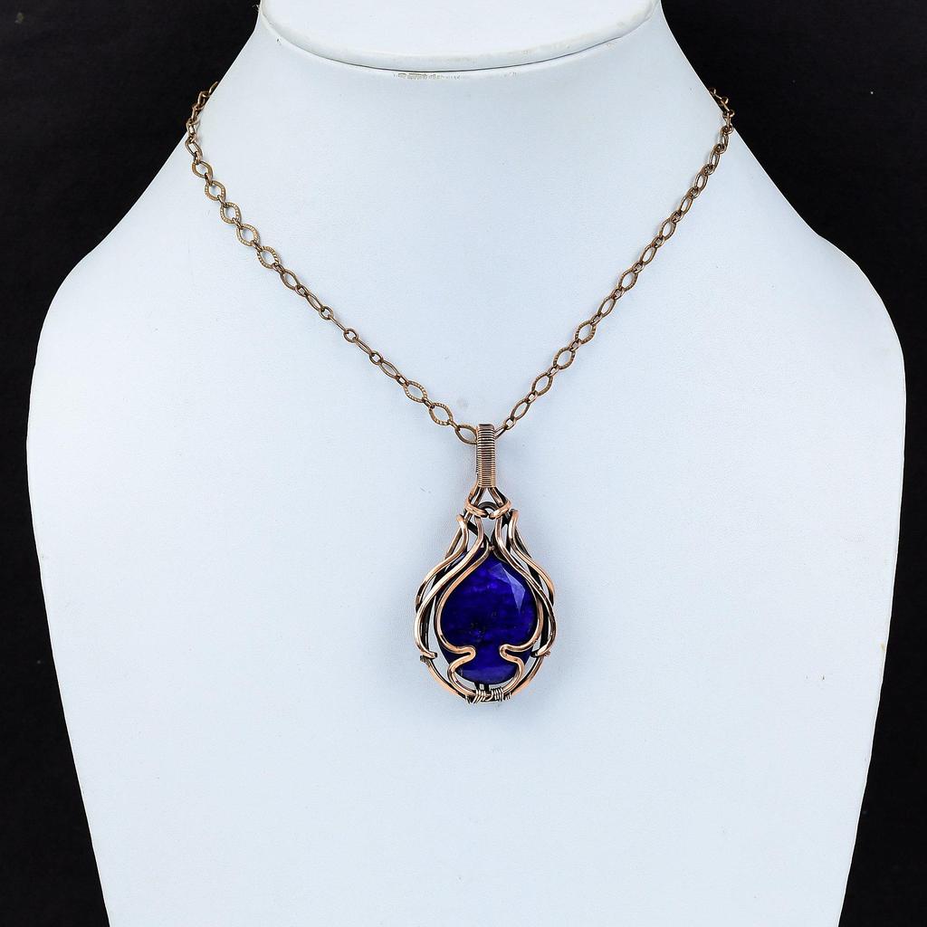 Lab-Created Blue Sapphire Gemstone Handmade Pure Copper Wire Wrapped Pendant Jewelry For Memorial Day