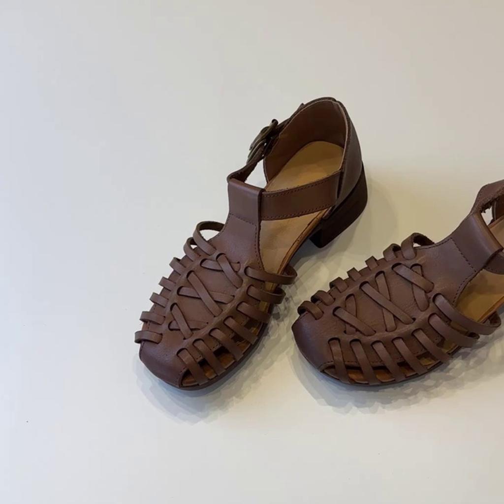 Sheepskin Version~ Retro Niche Design Strap Woven Shoes Soft Sole Hollow Bag Head Medium Heel Roman Women's Sandals
