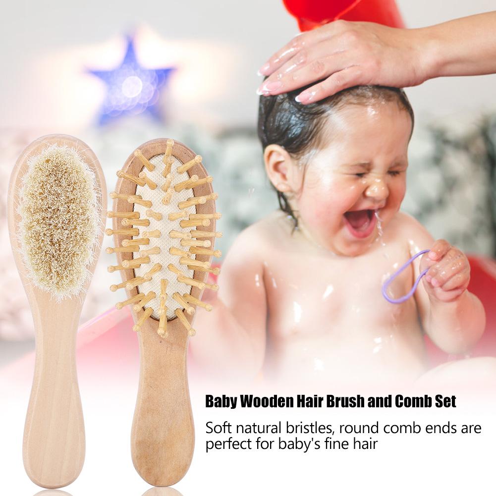 Baby Wooden Hair Brush and Comb Set Goat Hair for Newborns Toddlers Daily Care