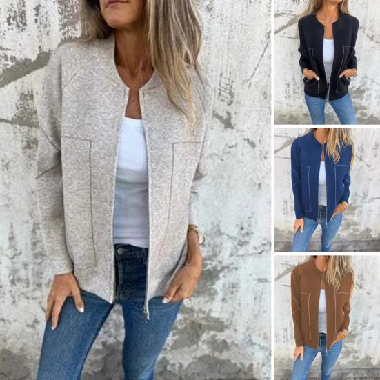 Fall Spring Women Jacket Round Neck Solid Color Long Sleeves Zip-up Baseball Coat Loose Cardigan Daily Wear Outdoor Vacation Shopping Coat