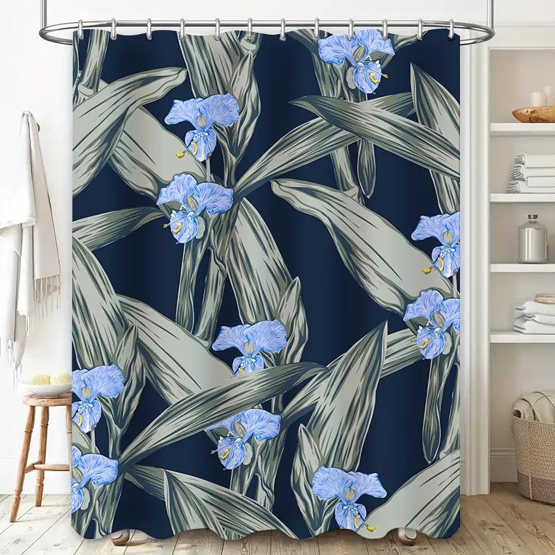 Modern Blue Floral Shower Curtain Waterproof Polyester Decorative Bath Rug Set for Bathroom Accessories